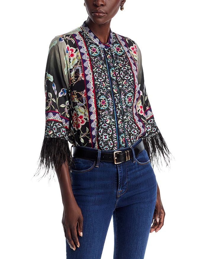

Блузка Lewella Silk Feather с отделкой из перьев Johnny Was, мультиколор