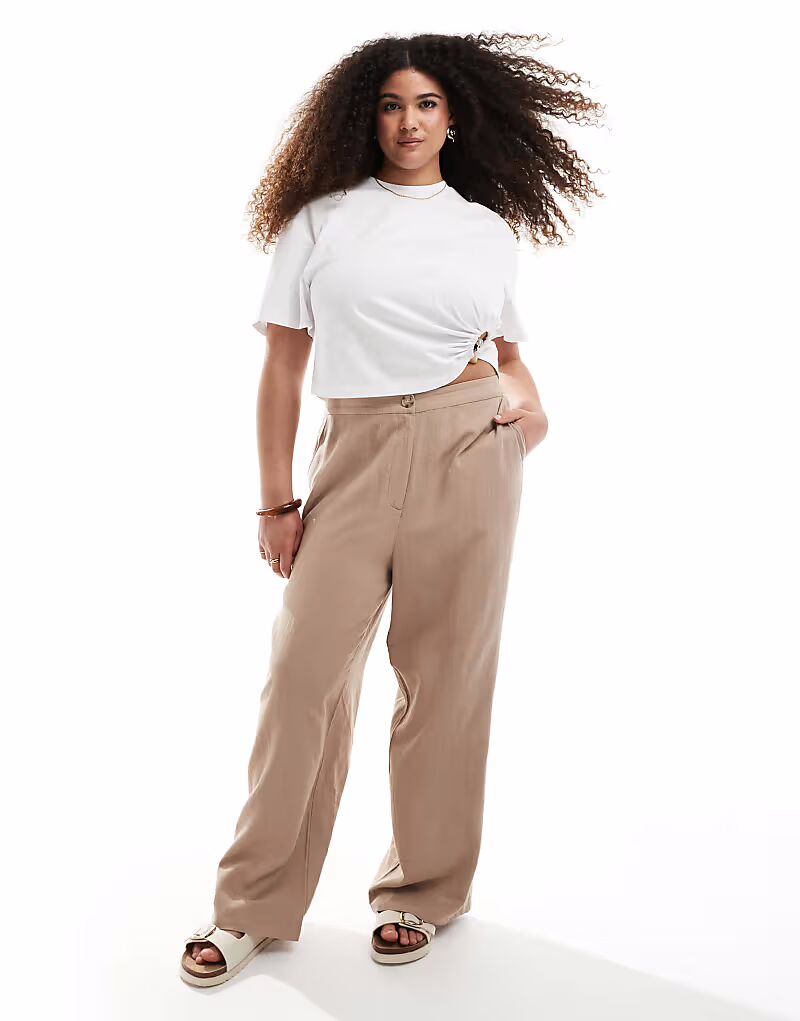 

Свободные прямые брюки ASOS DESIGN Curve цвета мокко с добавлением льна