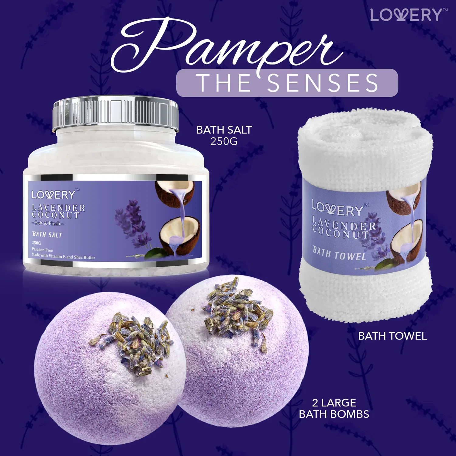 Подарочный набор для домашнего спа-салона Lovery Home Spa - Лаванда и кокос - Корзинка ручной работы с жемчугом - 9 предметов, фиолетовый — фото 3