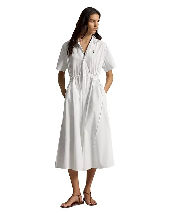 Хлопковое длинное платье-рубашка на шнуровке Ralph Lauren, White