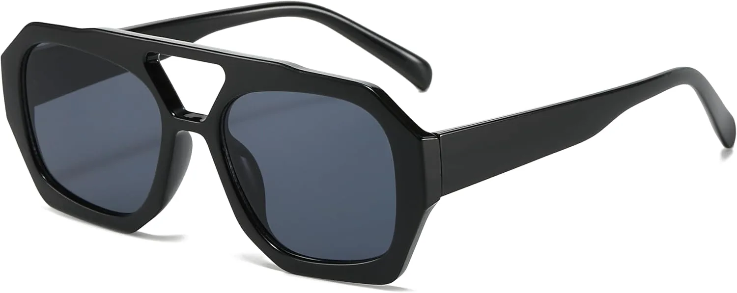 

Солнцезащитные очки Mirkcittle Trendy Square Aviator для женщин и мужчин, шестиугольная толстая оправа, двойная перемычка, дизайнерский дизайн, Black/Grey Lens