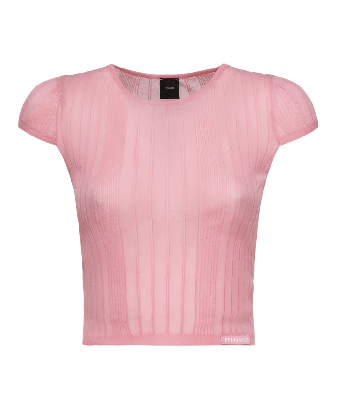 

Розовый пуловер, круглый вырез, короткие рукава, ребристая отделка. Pinko, розовый