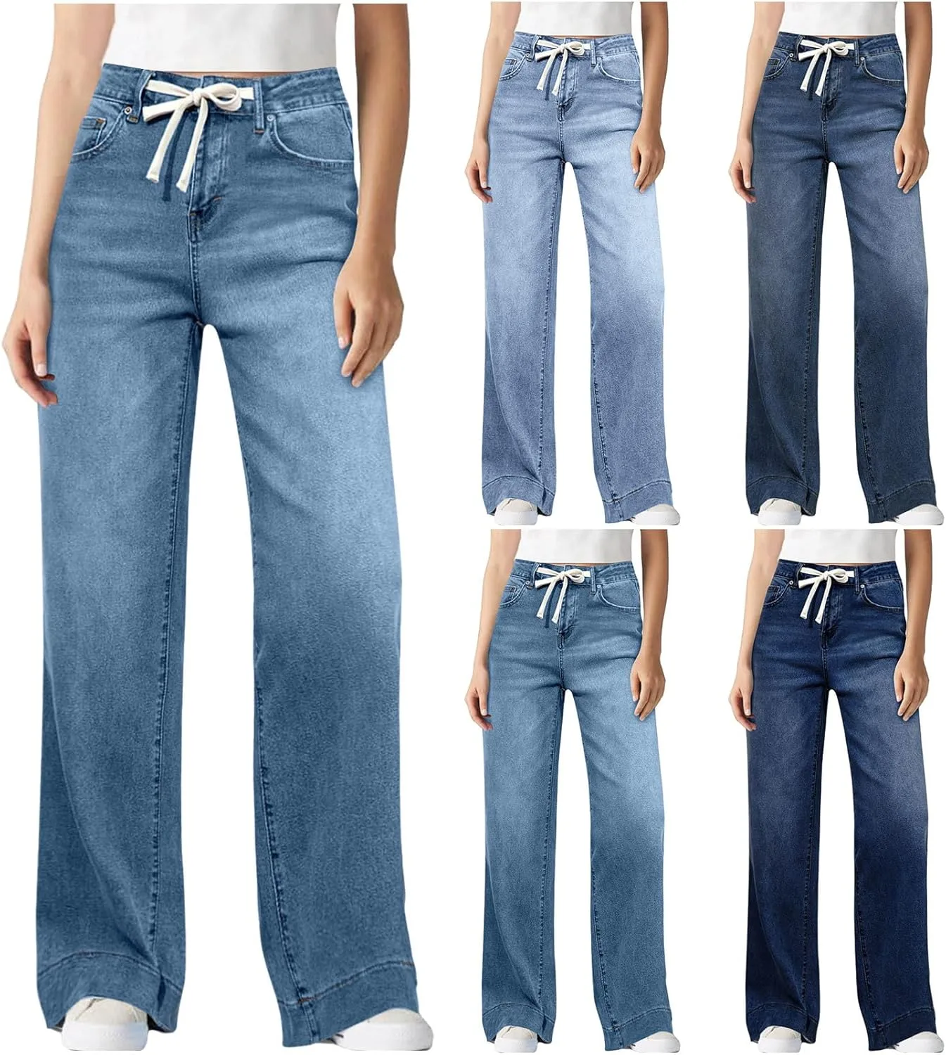 Whimsyria Women's Straight Leg Jeans High Waist Belted Classic Washed Stretchy Denim Pants with Pockets — фото 2