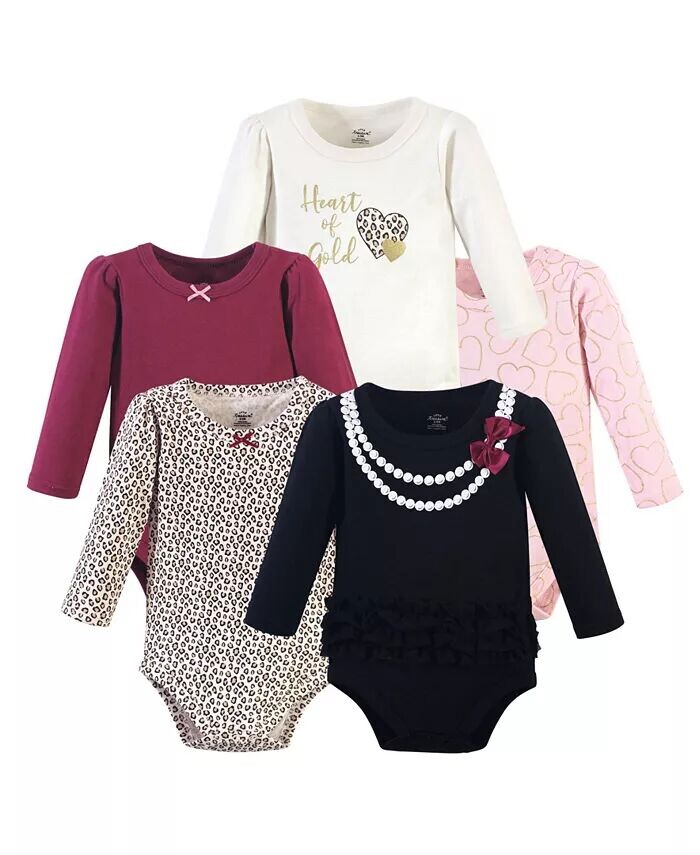 Хлопковые боди с длинными рукавами для маленьких девочек Treasure Baby, 5 шт., Черное сердце золотого цвета Little Treasure, белый