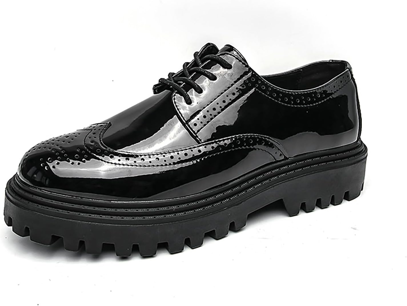 

Мужские дерби на платформе из лакированной кожи с крыльями, модные туфли с круглым носком, шнуровкой и грубой подошвой, броги для повседневной носки, работы, бизнеса и свадьбы Hdfdb, черный