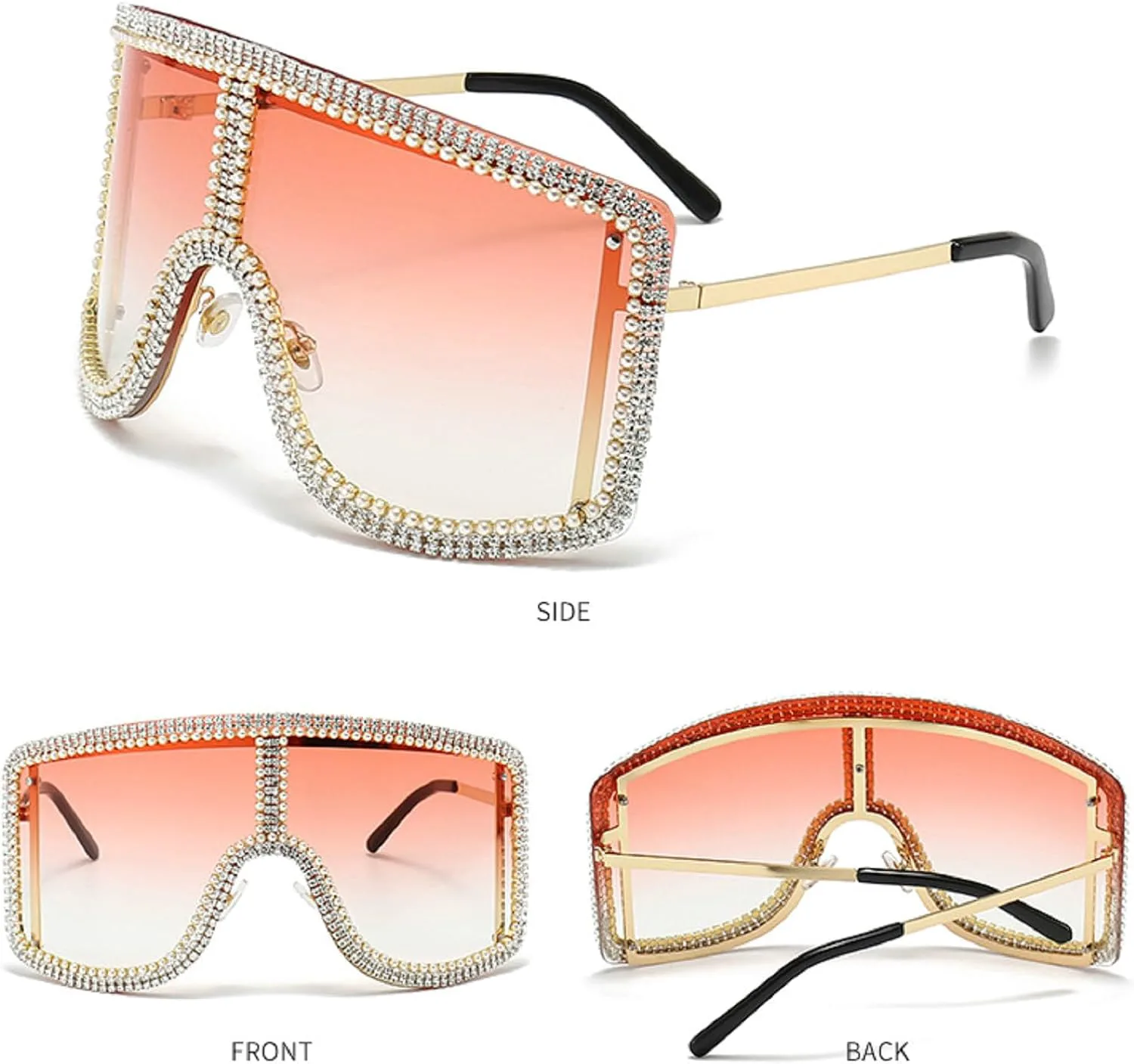 

Модные солнцезащитные очки с бриллиантовой маской и стразами для женщин, большие квадратные солнцезащитные очки-щиток с защитой от УФ-излучения mincl, Pink