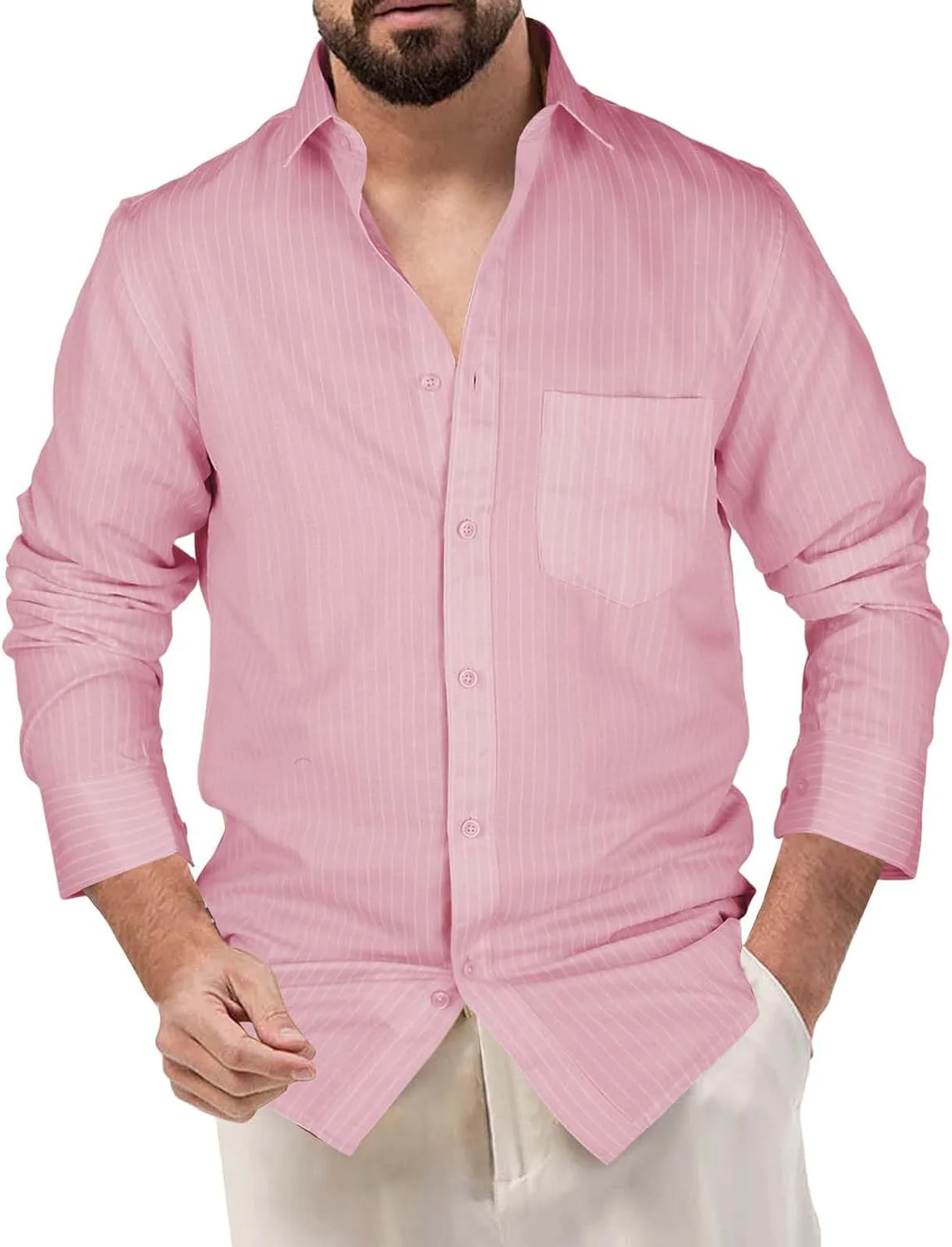 

Рубашка мужская Button Down в полоску, с длинным рукавом и карманом HJINGSUN