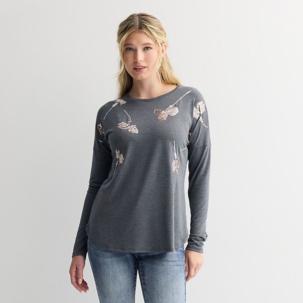 

Женская футболка с длинным рукавом и декором Apt. 9, Heather Charcoal