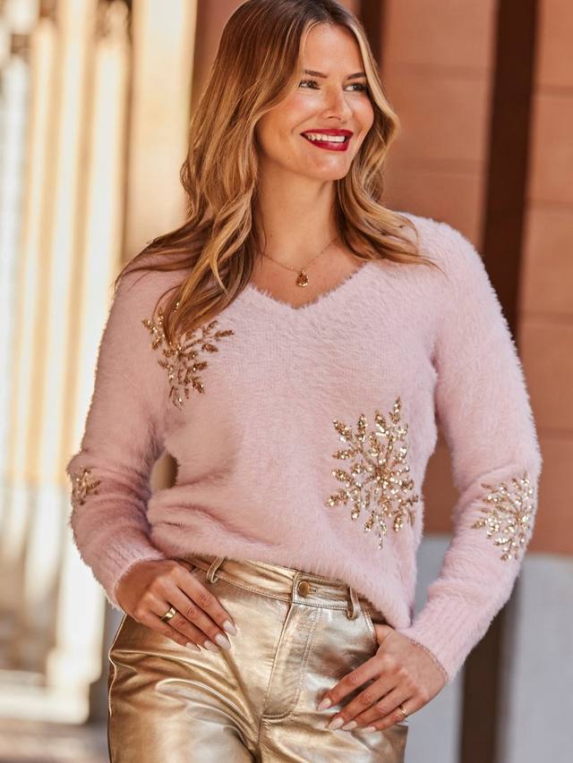 

Свитер с пайетками в виде снежинок и ворсом Sosandar, Soft Pink