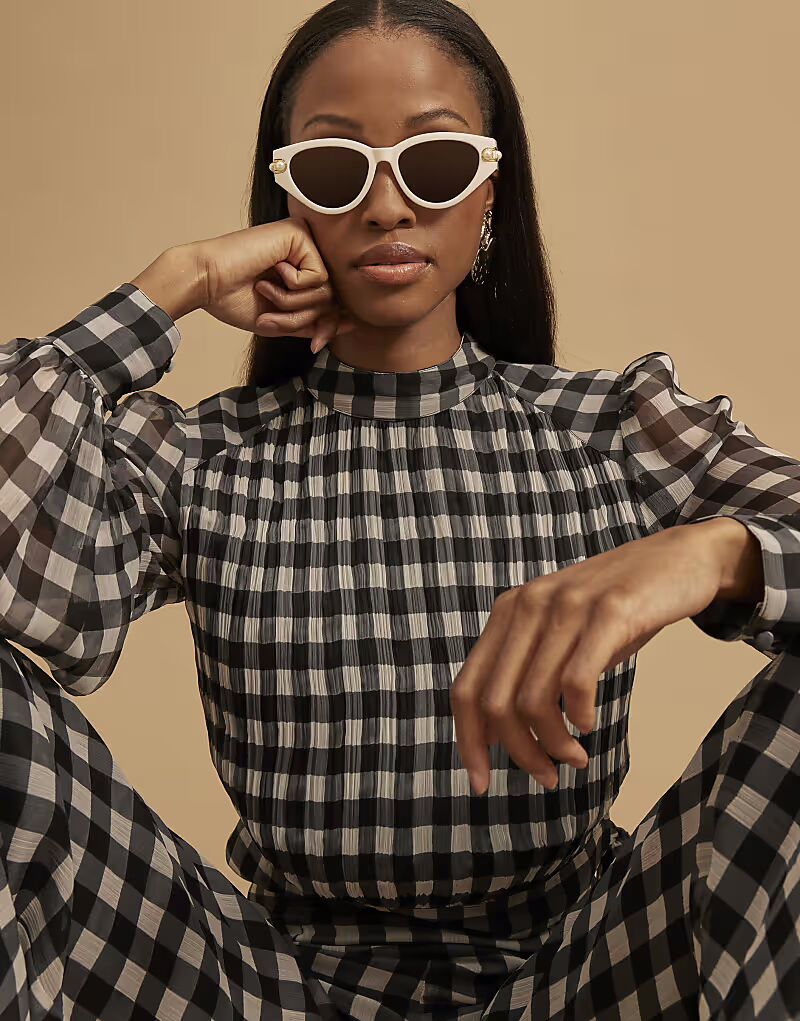 

Укороченный топ River Island Gingham с длинными рукавами черного цвета