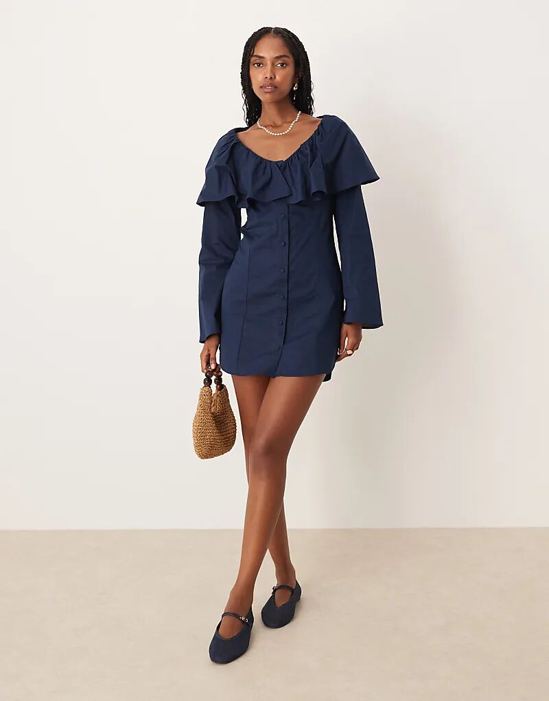 

Мини-платье из поплина ASOS DESIGN с застежкой на пуговицы и оборкой на горловине темно-синего цвета