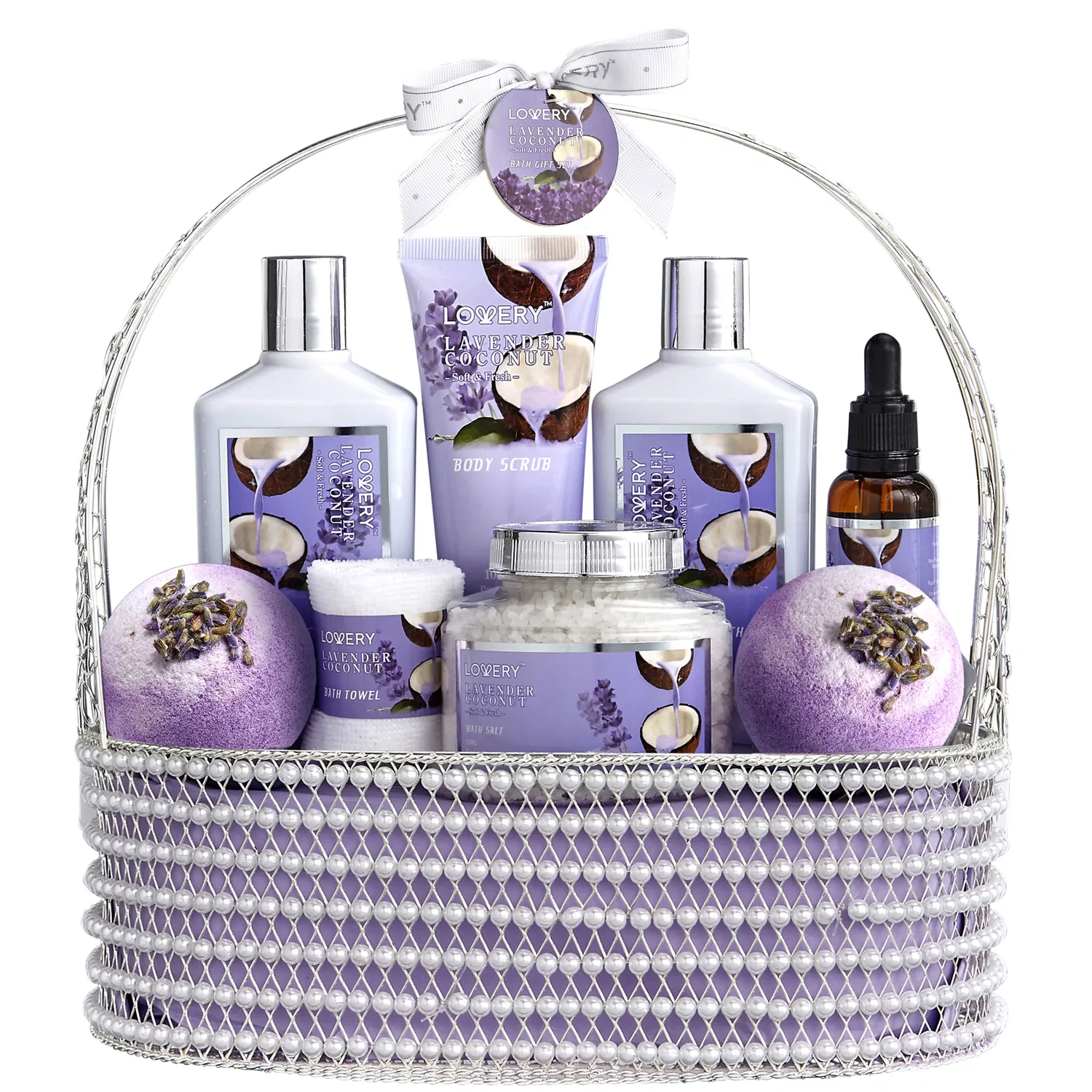 Подарочный набор для домашнего спа-салона Lovery Home Spa - Лаванда и кокос - Корзинка ручной работы с жемчугом - 9 предметов, фиолетовый