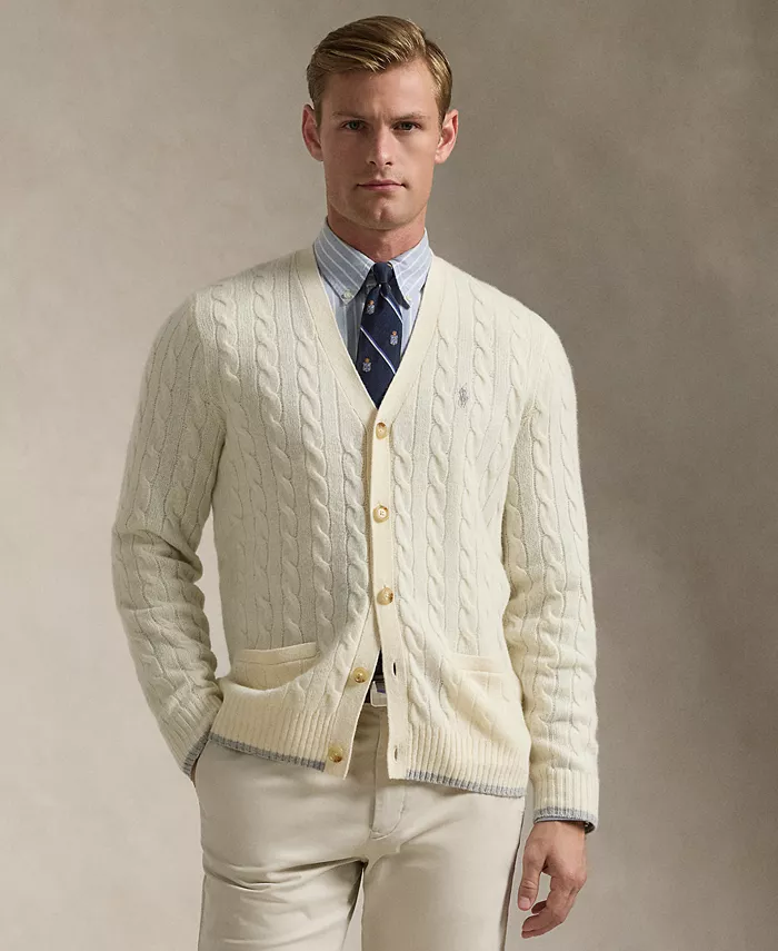 

Мужской кардиган-свитер из шерсти и кашемира с узором "косичка" Polo Ralph Lauren, белый