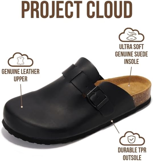 Мужские сабо Project Cloud - 100 натуральная кожа полного слоя, сабо с мемори-пеной для мужчин, поддержка свода стопы, пробковая стелька, противоскользящая подошва (Brooklyn), черный — фото 2