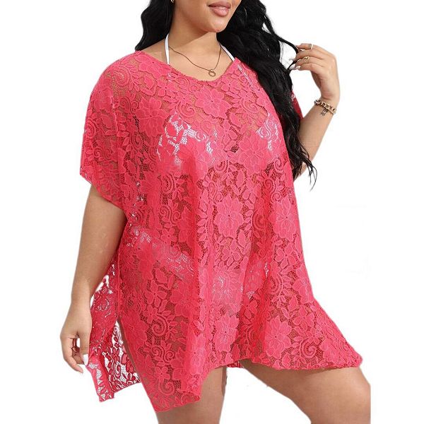 

Пляжное платье-парео для женщин plus size с V-образным вырезом, кружевом и разрезом Yesfashion, Red