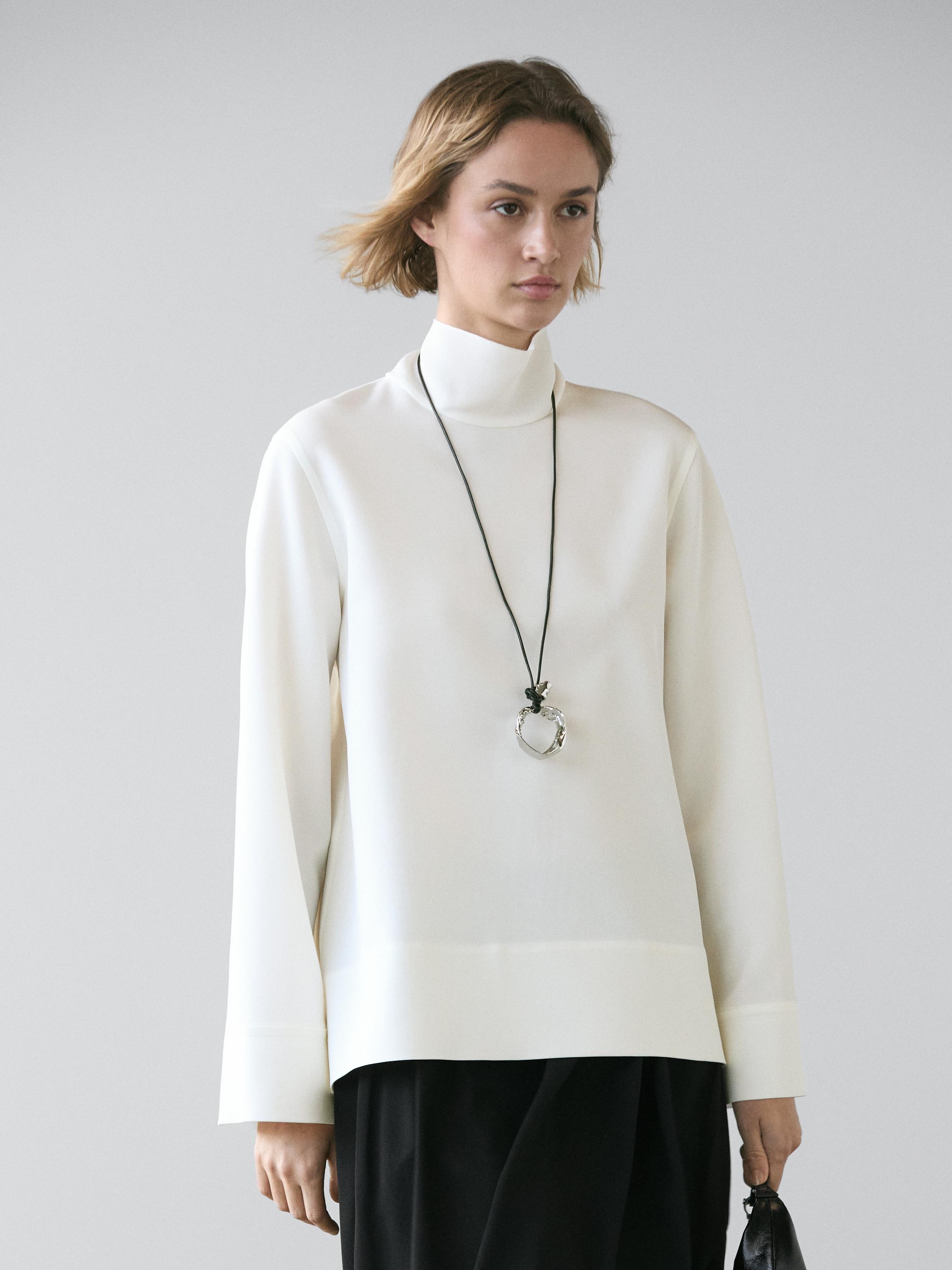 Блуза с высоким воротником и акцентом по низу Massimo Dutti, white — фото 3