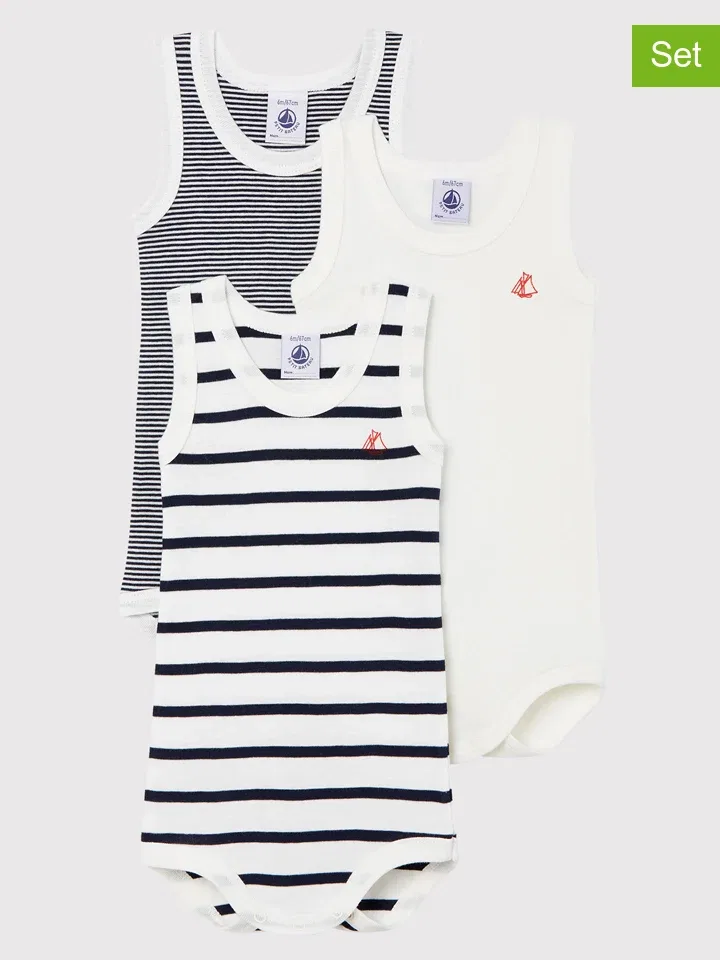 Боди, 3 шт., PETIT BATEAU, белый/темно-синий