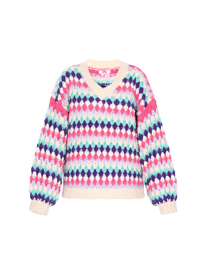 

Женский свитер бирюзового цвета с разноцветной отделкой myMo