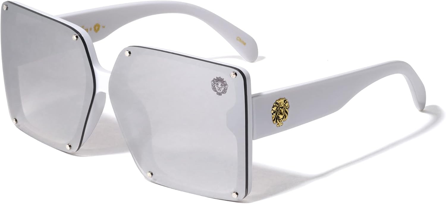 

Kleo Royal - Безободковые солнцезащитные очки с плоскими линзами, заклепками, квадратными боковыми элементами, медальоном в виде головы льва и подвеской в ​​стиле хип-хоп, Gray White