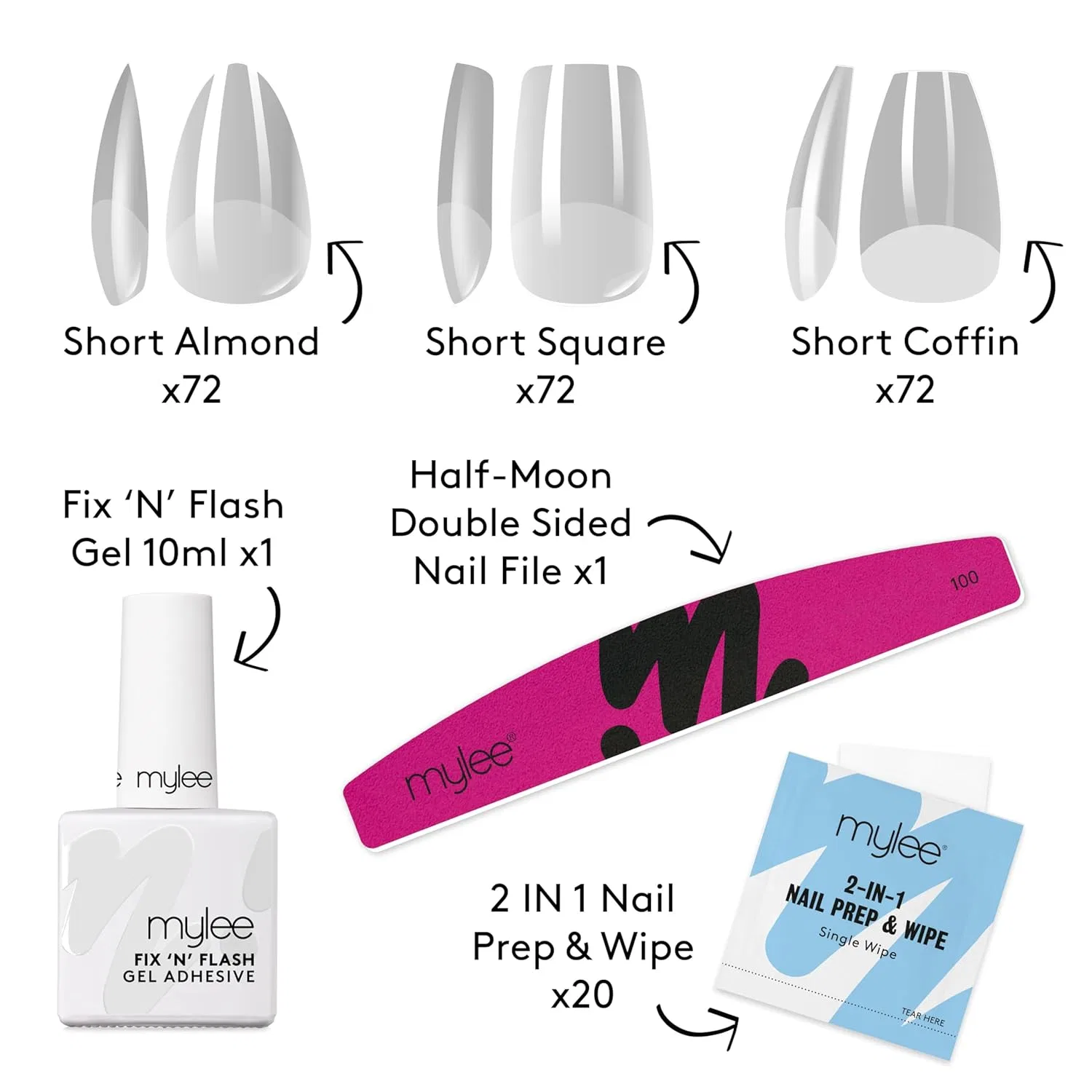Набор для наращивания ногтей Mylee Fix N Flash Soft Gel Tips Shorts Kit Mylee — фото 2