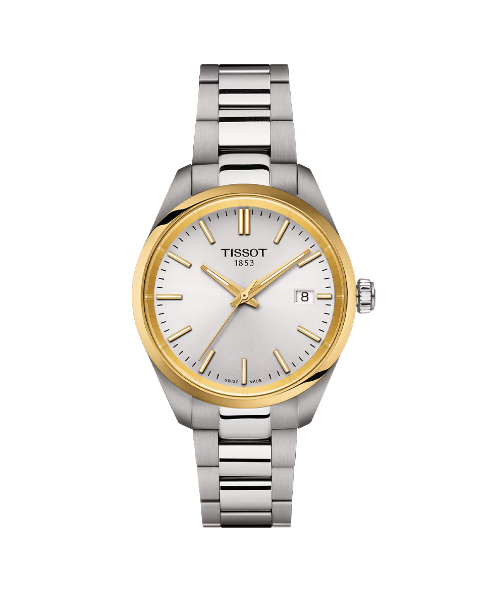 

Женские часы PR100 из двухцветной кожи диаметром 34 мм Tissot, серебряный