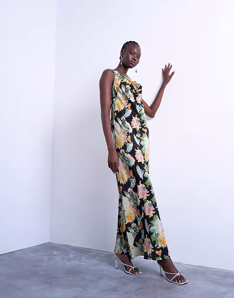 

Платье макси с высоким воротником-хомутом, отделкой швами и ярким винтажным цветочным принтом Topshop, черный