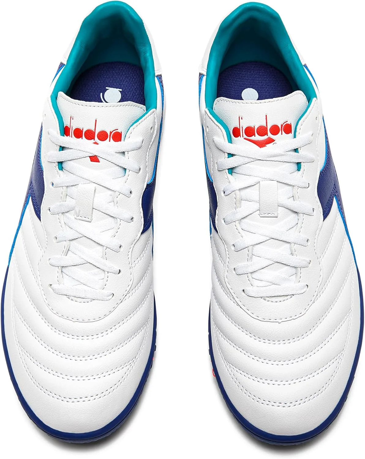 Футбольные бутсы Diadora Brasil Elite Turf - водоотталкивающий Suprellsoft, противоскользящая подкладка из ПУ на пятке, точки гибкости на стельке, высококачественное исполнение, белый/синий — фото 4