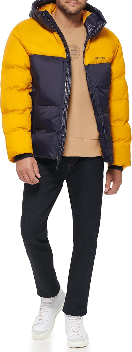 Мужская стеганая куртка-пуховик Tommy Hilfiger Mens свободного кроя, Navy/Yellow — фото 2
