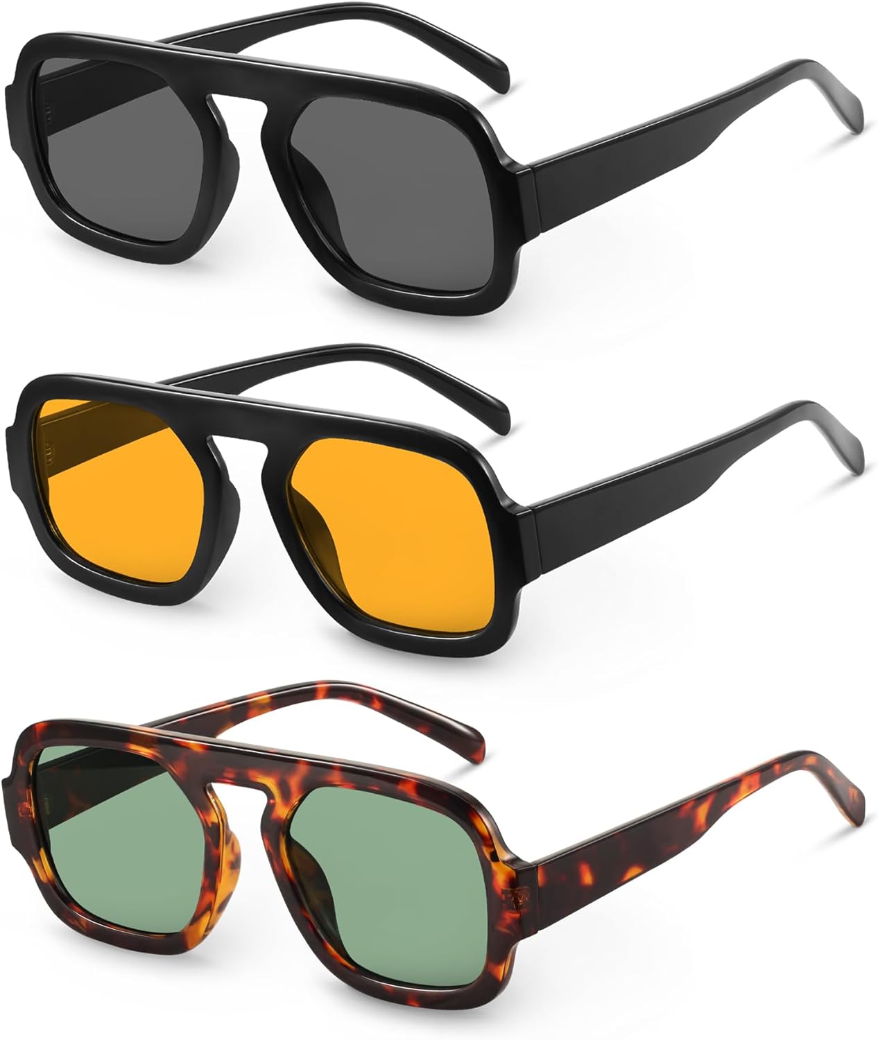 

Солнцезащитные очки-авиаторы YDAOWKN в стиле ретро, ​​квадратные, для женщин и мужчин, модные, с плоской верхней частью, защита от УФ-излучения, винтажные, (3 Pack) Black/Grey+black/Yellow+tortoise Green