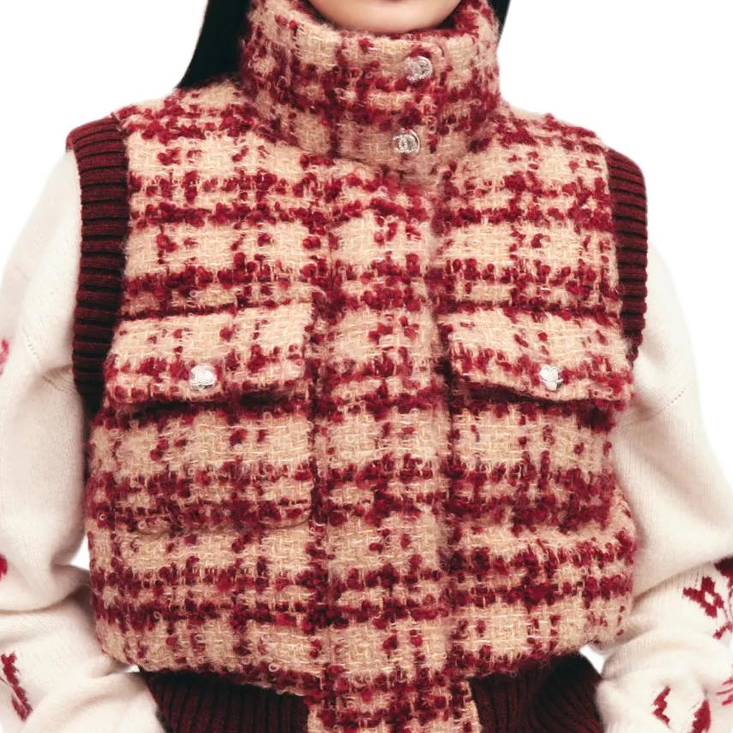 CHANEL COCO NEIGE Серия 24 Осень-Зима Жилет Женский Beige/Burgundy — фото 4