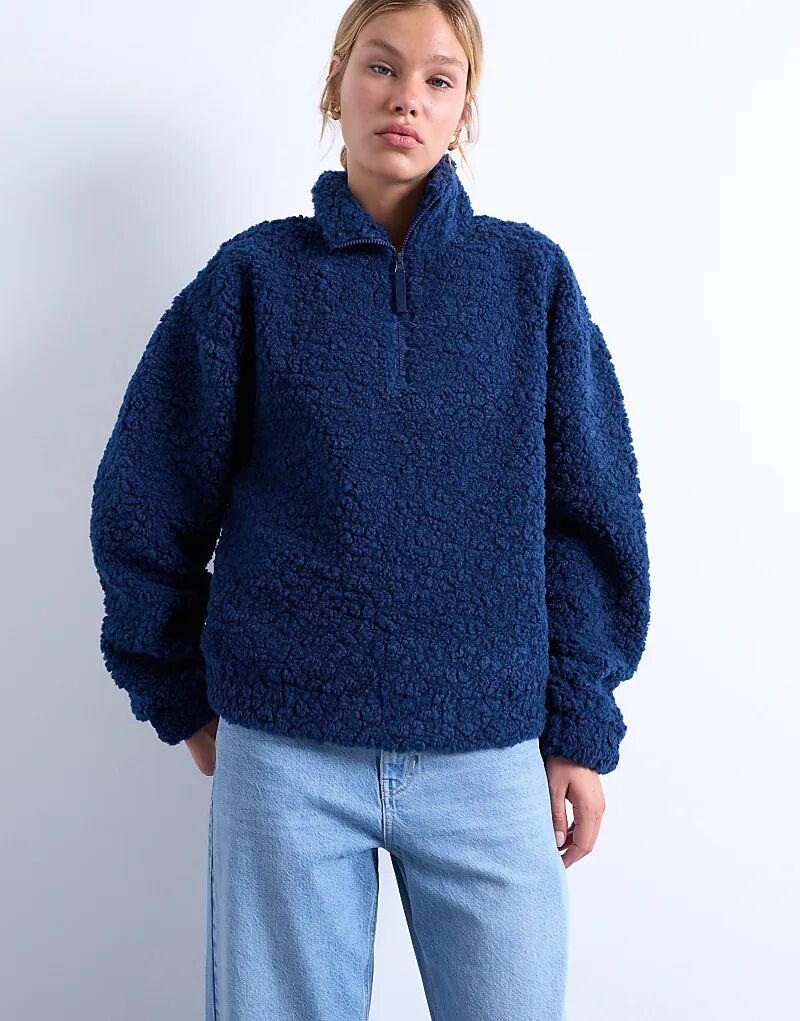 

Толстовка Topshop Borg с застежкой-молнией на четверть дюйма, темно-синий