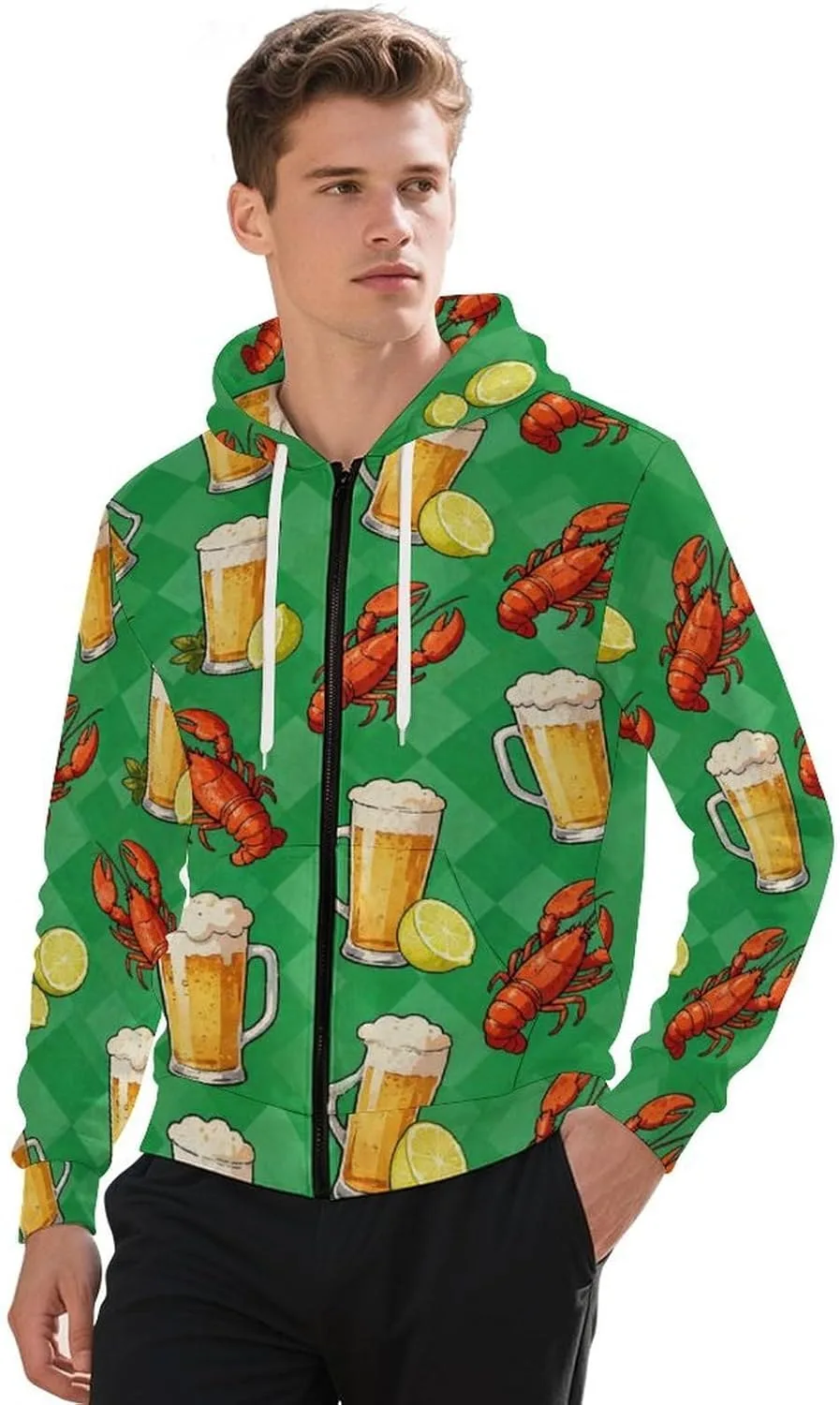 

Толстовка с капюшоном на молнии мужская Lobster Beer, цвет Lemon Green, с карманом GemGam