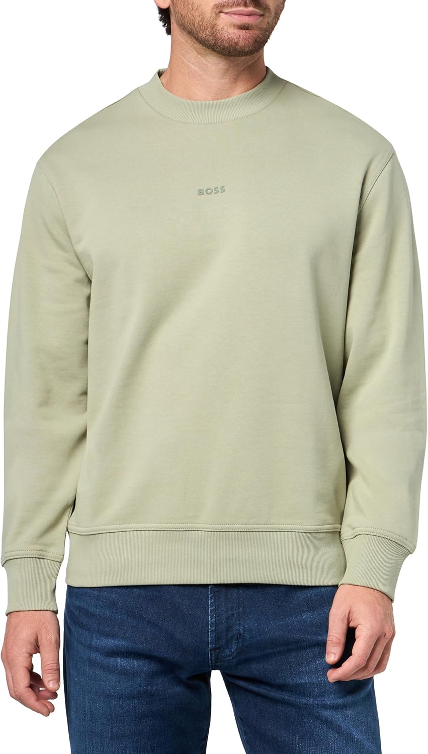

BOSS мужской свитшот с центральным логотипом и круглым вырезом из френч-терри, Moss Green
