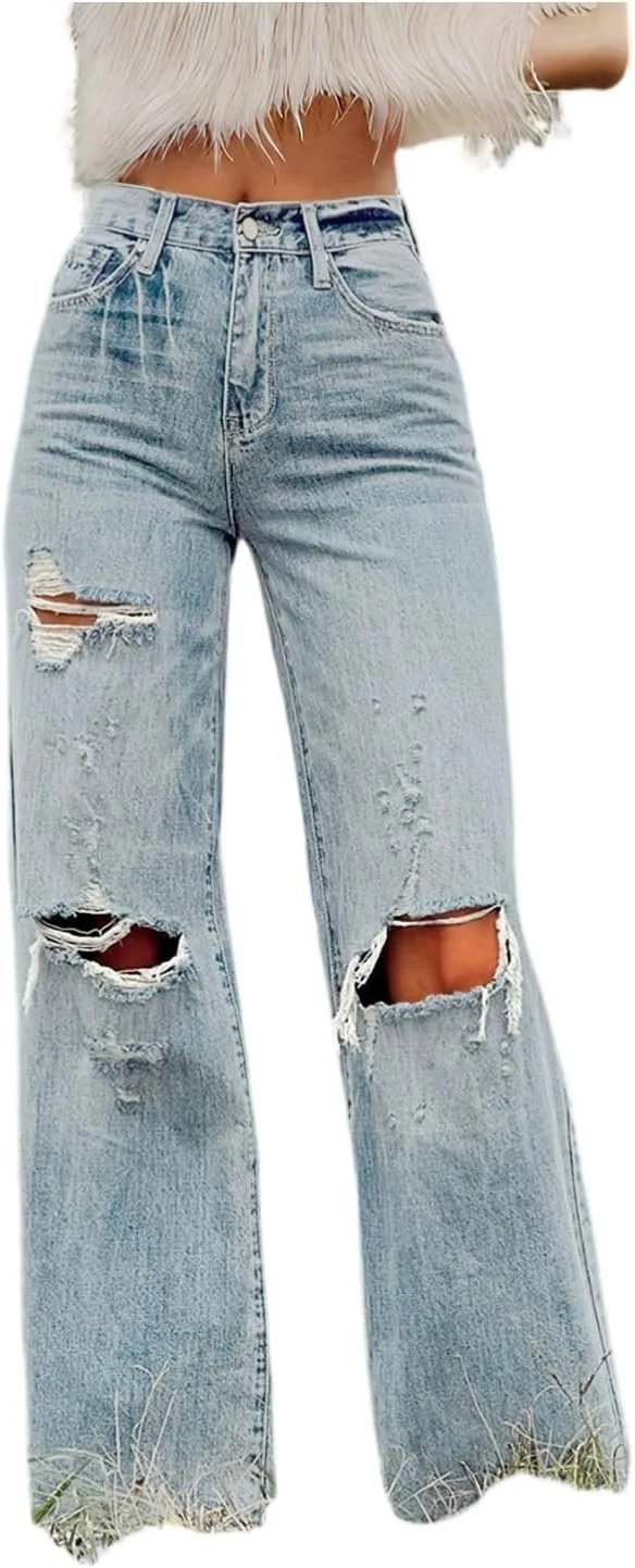 

Женские джинсы Wide Leg Mid Rise Baggy Ripped Stretch Denim Casual с карманами ZsaeSM
