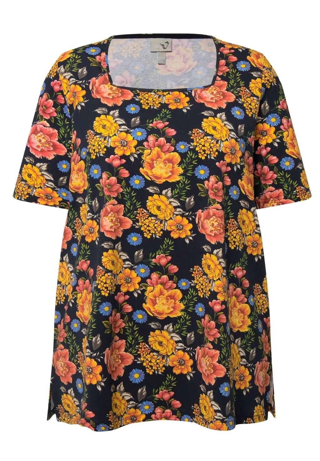 

Футболка с принтом SQUARE NECK SHORT SLEEVE FLORAL Ulla Popken, темно-синий