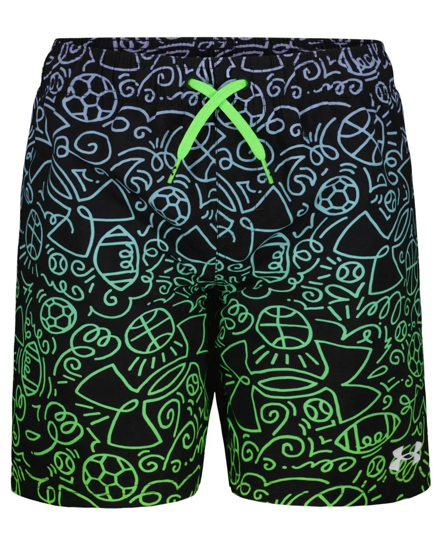 Плавки для мальчиков 8-20 лет с рисунком в виде дудлов Under Armour, черный/neon зеленый