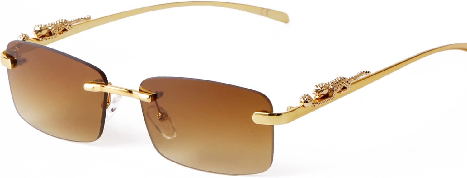 

ADE WU Винтажные солнцезащитные очки без оправы в стиле ретро, ​​роскошные, золотистая металлическая безрамочная модель, прямоугольные солнцезащитные очки с цветными линзами, Gold/Brown Faded