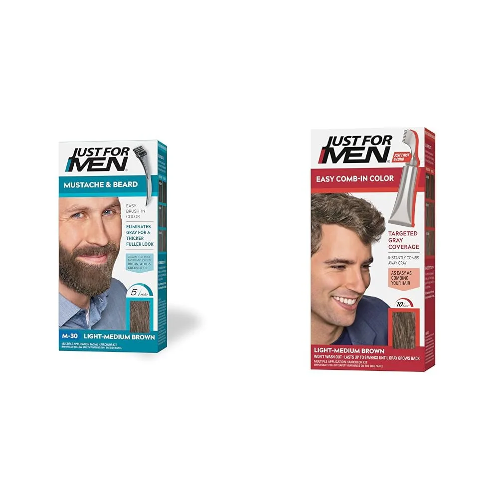 Краска для усов и бороды Just For Men, в комплекте с кисточкой для легкого нанесения и расчесывания. Цвет: светло-средне-коричневый M-30., Light-Medium Brown M-30