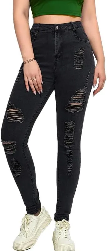 

Andongnywell женские джинсы Plus Size скинни с потертостями и разрывами