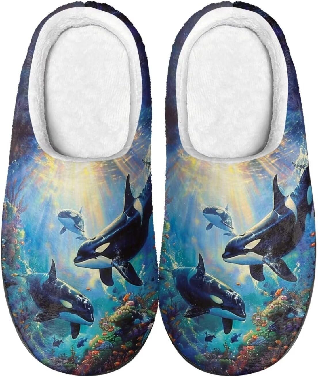 

Домашние тапочки Xpyiqun мягкие плюшевые теплые зимние тапочки для мужчин и женщин, размер 4-12, Killer Whale Sea Ocean