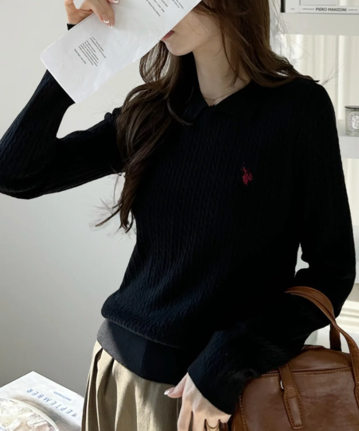 Свитер с воротником-стойкой U.S. POLO ASSN. с кабельным узором, длинный рукав, черный