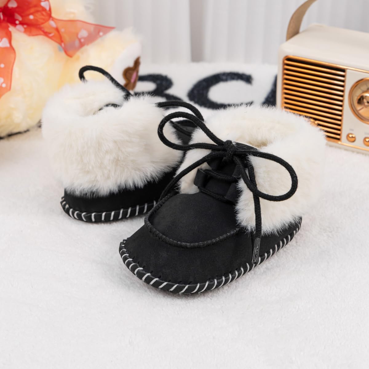 HsdsBebe Детские ботиночки на щиколотку для мальчиков и девочек, флисовые пинетки с противоскользящей резиновой подошвой, кроссовки для малышей, обувь для новорожденных для ходьбы и сна, C3421/Black — фото 4