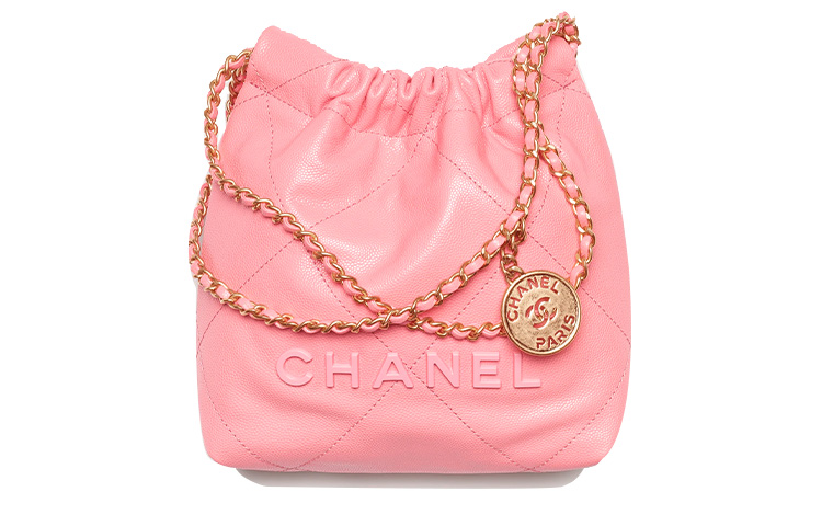 

CHANEL Сумка 22 блестящая зернистая тисненая телячья кожа и металлическая сумка-ведро, сумка через плечо, мини-кроссбоди для женщин кораллово-розовый