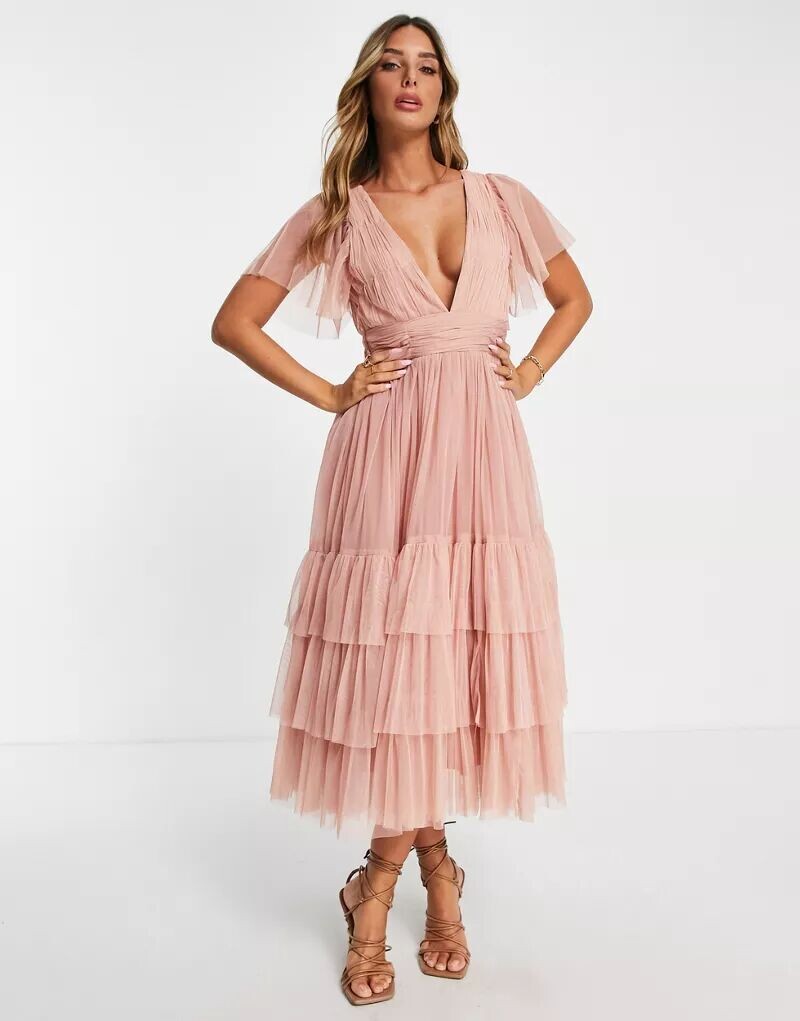 

Розовое тюлевое платье с v-образным вырезом и кружевом Bridesmaid Bridesmaid Madison Lace & Beads