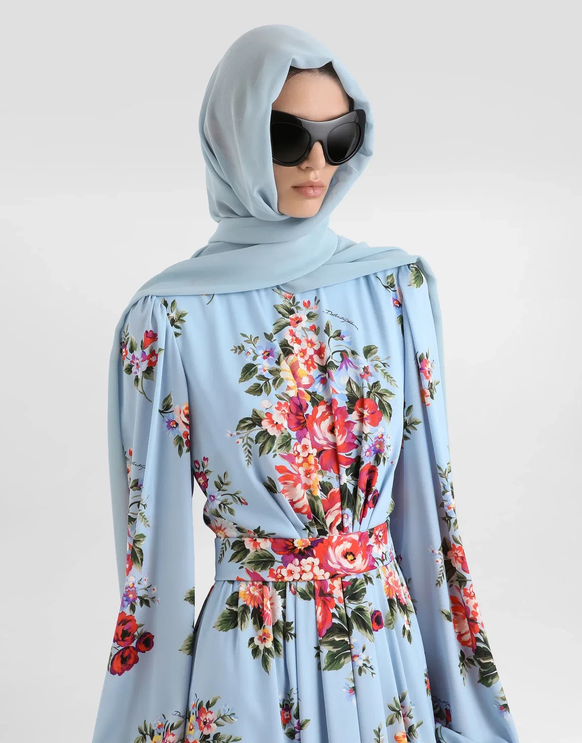 Платье из шармеза с принтом "цветочный букет" DOLCE & GABBANA, мультицвет — фото 4