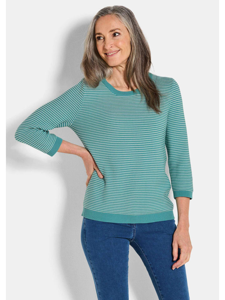 

Вязаный свитер с короткими рукавами, полосатый хлопковый свитер серо-зеленого цвета с узором GOLDNER