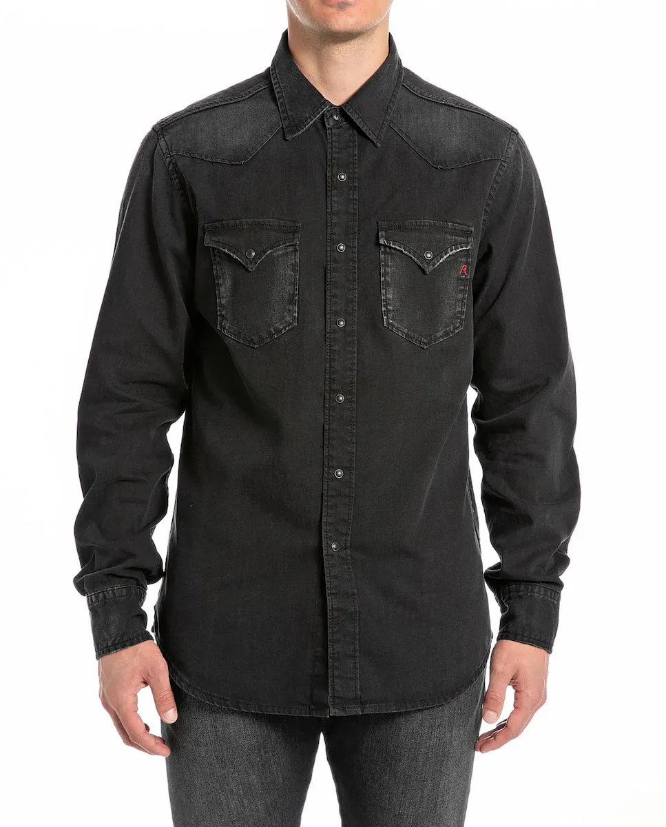 

Мужская джинсовая рубашка классического кроя с длинным рукавом Replay, черный