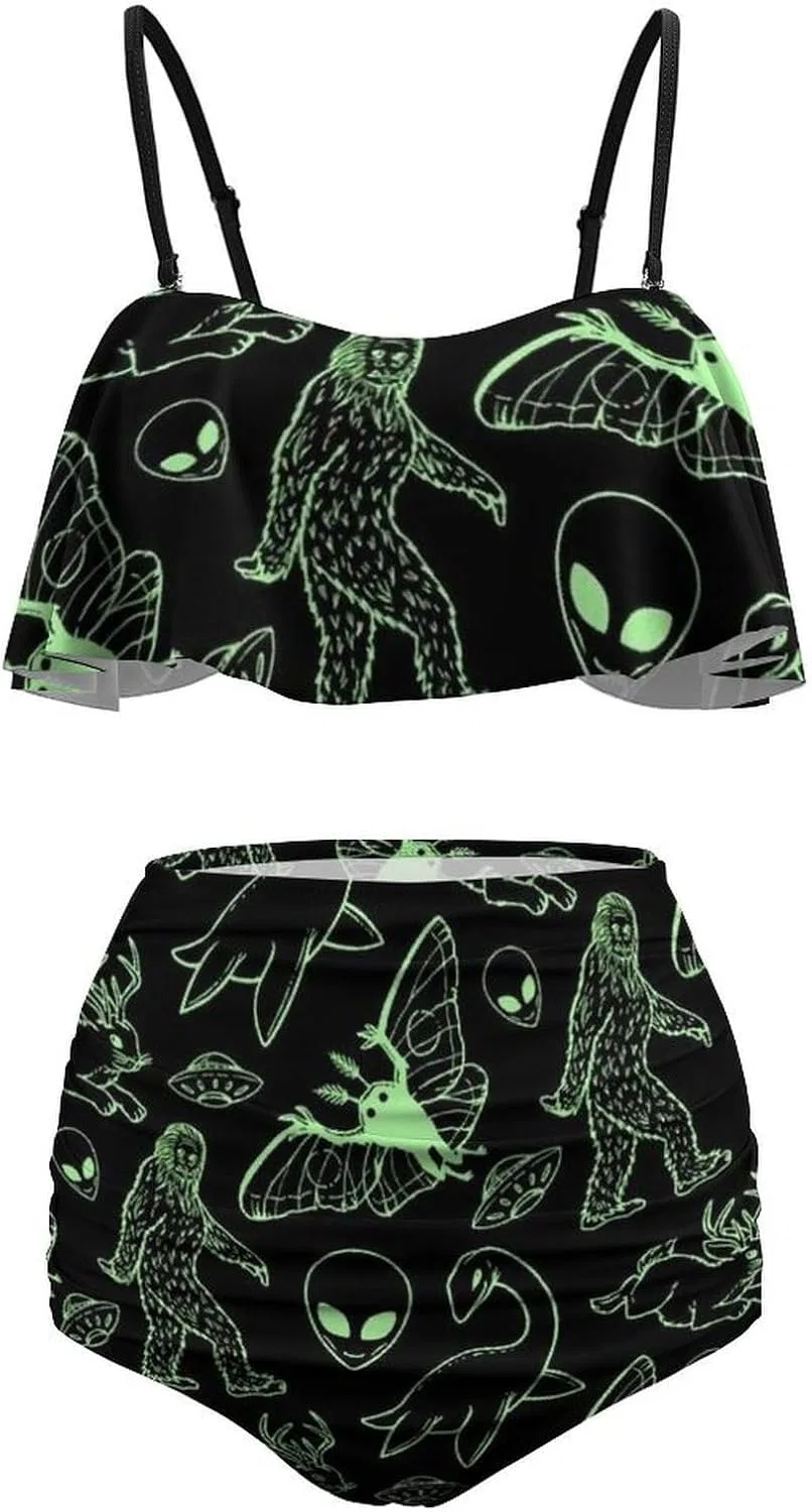Женский купальник из двух частей: топ с рюшами и бретелями, корректирующий фигуру и стройнящий, с принтом, консервативный стиль, бикини с высокой талией