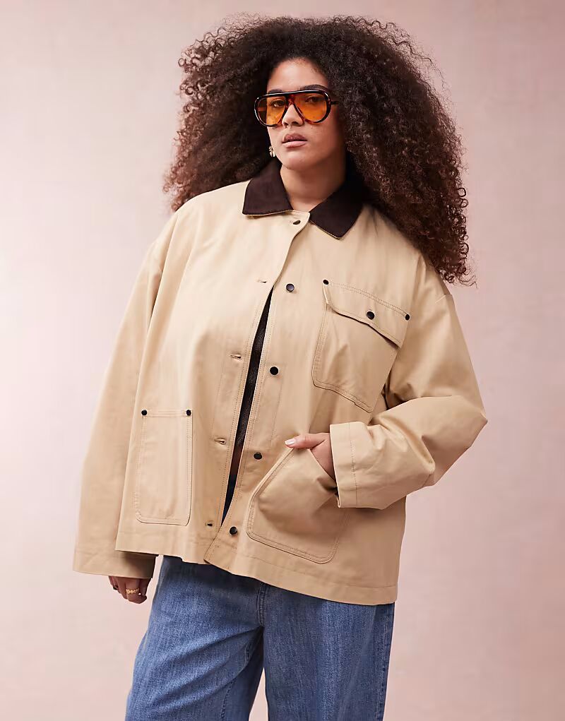 

Куртка-бомбер ASOS DESIGN Curve с чистым вельветовым воротником в каменном цвете ASOS Curve