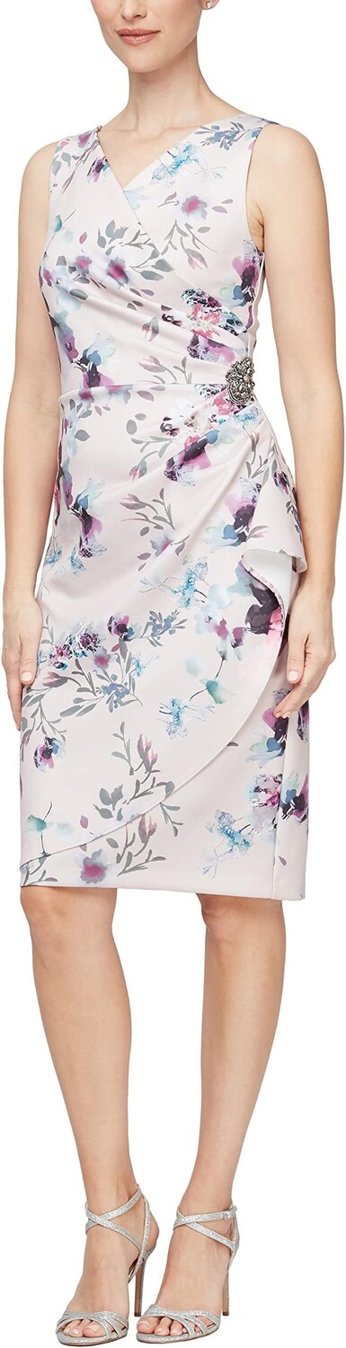 

Короткое платье-футляр с принтом и украшением на бедрах Alex Evenings, цвет Blush Multi